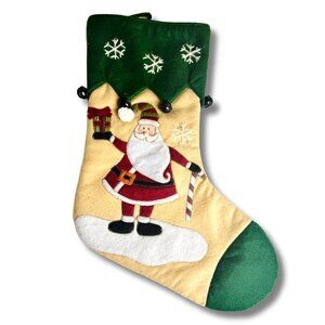 Vintage Style Santa Felt Christmas Stocking 19" Bells Applique Candy Cane Snow